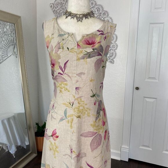 Liz Claiborne Vintage Tan Cream Pastel Flower Boho Floral Linen Midi Maxi Dress - Picture 3 of 8